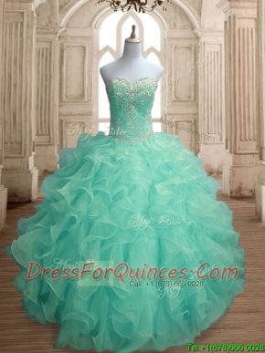 Inexpensive Beaded and Ruffled Big Puffy Quinceanera Dress in Apple Green