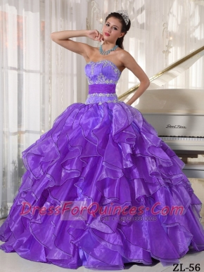 Organza Appliques Strapless Ball Gown Dress in Lilac with Ruffeles and Beading