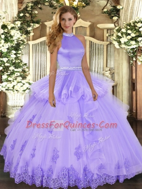 Hot Selling Ball Gowns Sweet 16 Quinceanera Dress Lavender Halter Top Tulle Sleeveless Floor Length Backless
