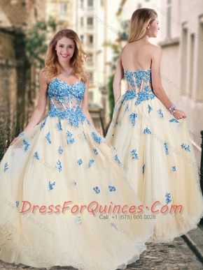 Pretty Visible Boning Tulle Champagne Prom Dress with Blue Appliques