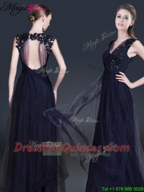 2016 Fashionable V Neck Paillette Prom Dresses in Navy Blue