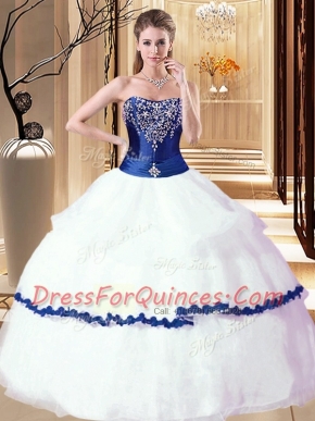 Perfect White and Royal Blue Organza Lace Up Strapless Sleeveless Floor Length Sweet 16 Dresses Beading and Ruffled Layers