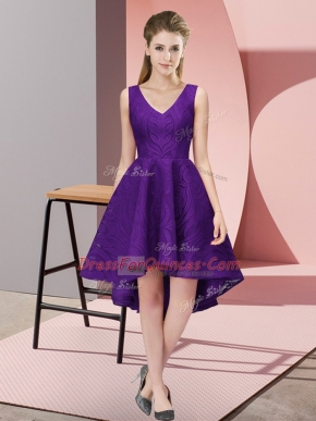 Sleeveless High Low Lace Zipper Court Dresses for Sweet 16 with Purple