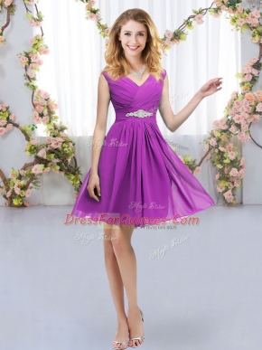Best Selling V-neck Sleeveless Quinceanera Court Dresses Mini Length Belt Purple Chiffon