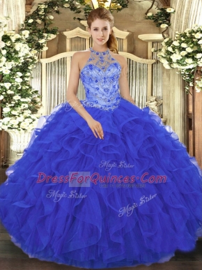 Floor Length Royal Blue Sweet 16 Dresses Organza Sleeveless Beading and Embroidery and Ruffles