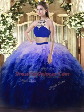 Multi-color Two Pieces High-neck Sleeveless Tulle Floor Length Backless Beading and Ruffles Sweet 16 Dresses