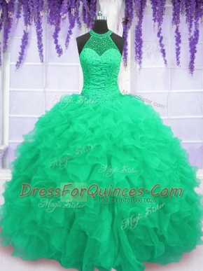 Turquoise Sleeveless Floor Length Beading and Ruffles Lace Up Sweet 16 Dress