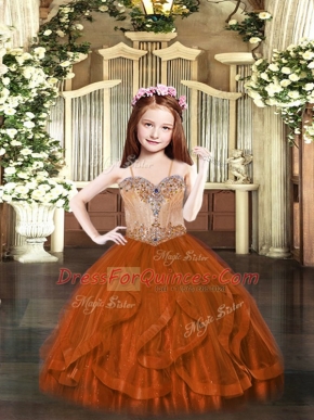 Rust Red Lace Up Little Girls Pageant Dress Wholesale Beading and Ruffles Sleeveless Floor Length