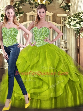 Super Olive Green Lace Up Sweetheart Beading and Ruffles Quince Ball Gowns Organza Sleeveless