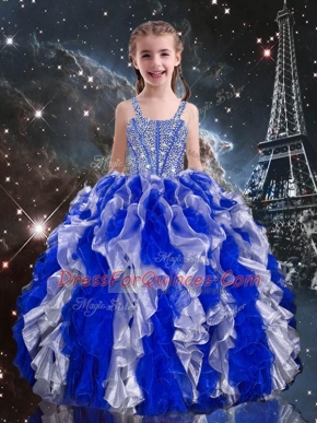 Best Blue Straps Lace Up Beading and Ruffles Little Girl Pageant Gowns Sleeveless