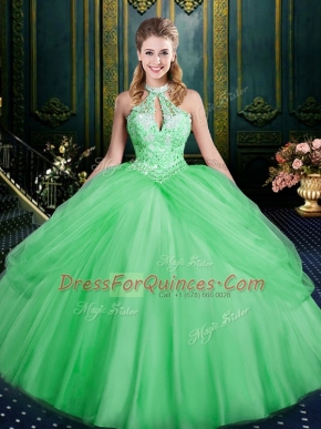 Ball Gowns Quinceanera Gown Green Halter Top Tulle Sleeveless Floor Length Lace Up