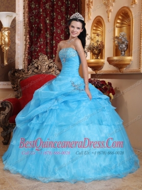 Aqua Blue Ball Gown Strapless Floor-length Organza Beading Quinceanera Dress