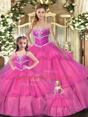Discount Hot Pink Ball Gowns Sweetheart Sleeveless Organza Floor Length Lace Up Beading Sweet 16 Quinceanera Dress