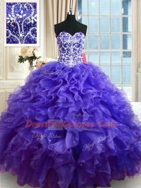 Customized Purple Ball Gown Prom Dress Military Ball and Sweet 16 and Quinceanera and For with Beading and Ruffles Sweetheart Sleeveless Lace Up