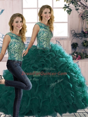 Peacock Green Ball Gown Prom Dress Military Ball and Sweet 16 and Quinceanera with Beading and Ruffles Scoop Sleeveless Lace Up