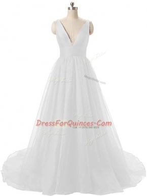 White Prom Party Dress V-neck Sleeveless Brush Train Backless