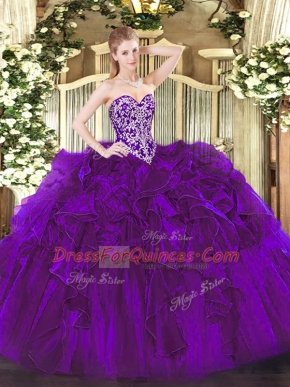 Luxury Purple Ball Gowns Beading and Ruffles 15 Quinceanera Dress Lace Up Organza Sleeveless Floor Length