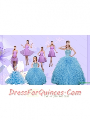 Beading Pretty Aqua Blue Quinceanera Gown and Lilac Short Dama Dresses and Halter Top Ruffles Pageant Dresses for Little Girl
