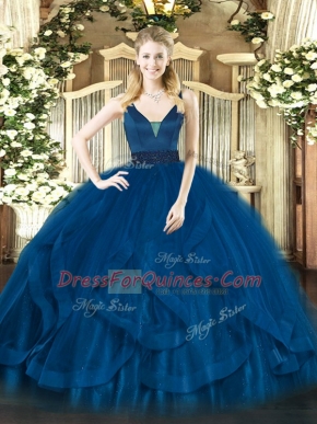 High Class Royal Blue Ball Gowns Straps Sleeveless Tulle Floor Length Zipper Beading and Ruffles Quinceanera Dresses