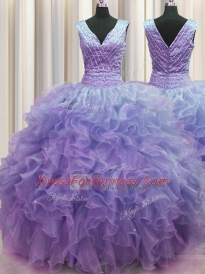 Flare Zipper Up Lavender V-neck Neckline Ruffles Quince Ball Gowns Sleeveless Zipper