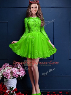 Scalloped 3 4 Length Sleeve Chiffon Quinceanera Court of Honor Dress Beading and Lace and Appliques Lace Up