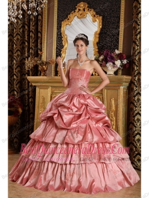 Watermelon Ball Gown Strapless Floor-length Taffeta Beading Sweet 16 Dress