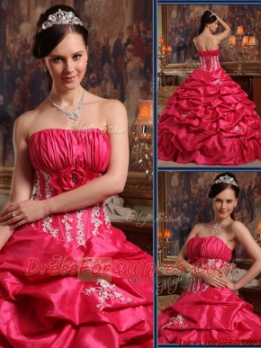 Beautiful Strapless Appliques Quinceanera Gowns in Coral Red