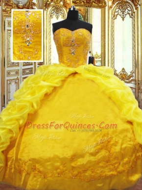 Glorious Gold Taffeta Lace Up Sweetheart Sleeveless Quinceanera Dress Brush Train Beading and Embroidery and Pick Ups
