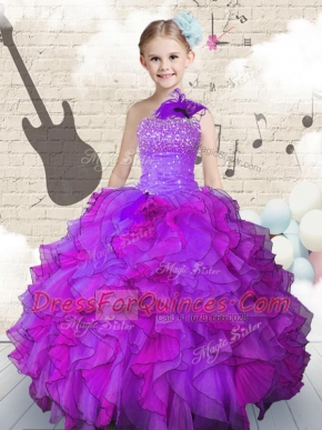 One Shoulder Sleeveless Floor Length Beading and Ruffles Lace Up Little Girls Pageant Dress with Purple