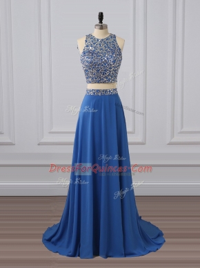 Hot Selling Blue Sleeveless Beading and Sequins Floor Length Homecoming Dress