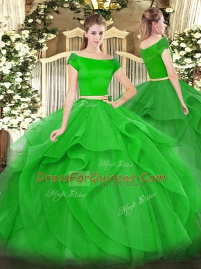 Superior Green Off The Shoulder Zipper Appliques and Ruffles Sweet 16 Dress Short Sleeves