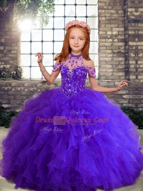 Purple Ball Gowns Tulle High-neck Sleeveless Beading and Ruffles Floor Length Lace Up Little Girl Pageant Dress
