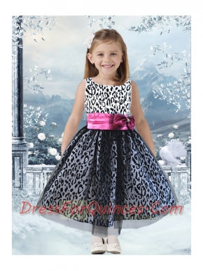 Exquisite A-Line Scoop Leopard Bowknot Black Little Girl Dress with Ankle-length