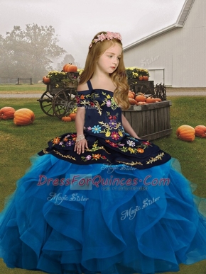 Fashionable Tulle Straps Sleeveless Lace Up Embroidery and Ruffles Little Girls Pageant Dress in Blue