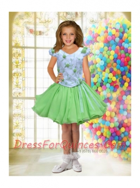 Green and White A-Line V-neck Short Sleeves Little Girl Dress with Beading