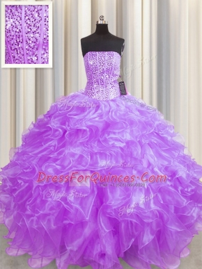 Visible Boning Strapless Sleeveless Organza Vestidos de Quinceanera Beading and Ruffles Lace Up
