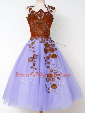 Lavender Sleeveless Appliques Knee Length Dama Dress