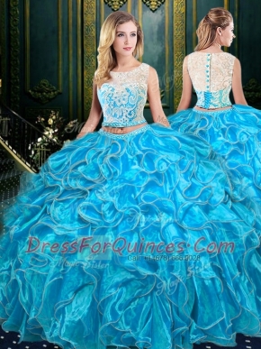 Baby Blue Two Pieces Scoop Sleeveless Organza Floor Length Zipper Lace and Ruffles 15th Birthday Dress
