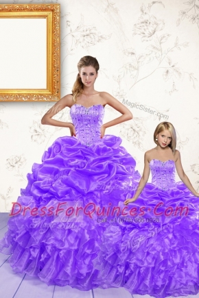High Quality Pick Ups Ball Gowns Quinceanera Dresses Lavender Sweetheart Organza Sleeveless Floor Length Lace Up