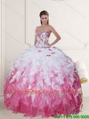 2015 Sophisticated Sweetheart Quinceanera Dress in White and Pink with Beading and Ruffles