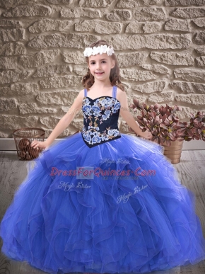Customized Royal Blue Straps Lace Up Embroidery and Ruffles Child Pageant Dress Sleeveless