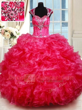 Top Selling Backless Hot Pink Cap Sleeves Beading and Ruffles Floor Length 15th Birthday Dress