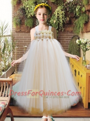 2014 Champagne A-Line Straps Ankle-length Little Girl Dresses with Appliques