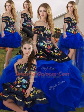Royal Blue Sweet 16 Dress Military Ball and Sweet 16 and Quinceanera with Embroidery and Ruffles Off The Shoulder Sleeveless Lace Up