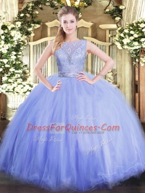 Modest Lavender Ball Gowns Tulle Scoop Sleeveless Lace Floor Length Backless Quinceanera Dress