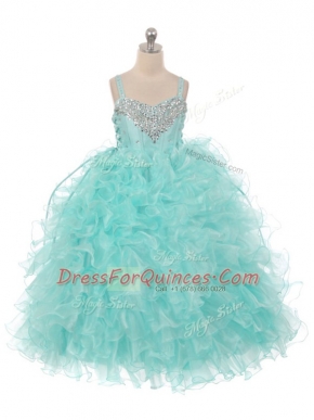Sweet Sleeveless Organza Floor Length Lace Up Kids Pageant Dress in Aqua Blue with Beading and Ruffles