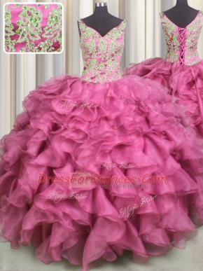 Rose Pink Ball Gowns Organza V-neck Sleeveless Beading and Ruffles Floor Length Lace Up Vestidos de Quinceanera