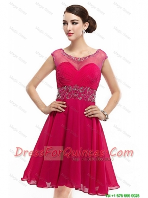 Beautiful Mini Length Scoop Hot Pink Prom Dresses with Cap Sleeves