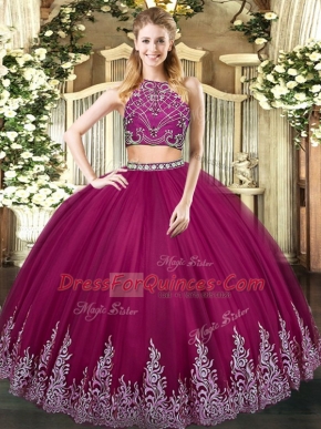 Fuchsia Quinceanera Gown Military Ball and Sweet 16 and Quinceanera with Beading and Appliques High-neck Sleeveless Zipper