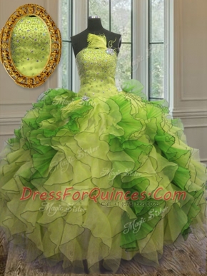 Strapless Sleeveless Vestidos de Quinceanera Floor Length Beading and Ruffles Multi-color Organza